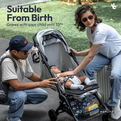 BabbleRoo Hoplite Compact Stroller – Lightweight Travel Stroller for Airplane (12.3 lbs), Newborn to 55 lbs, Easy Fold, PU Wheels, Alloy Frame, Near-Flat Recline, Raincover, Cup Holder, Baby Stroller