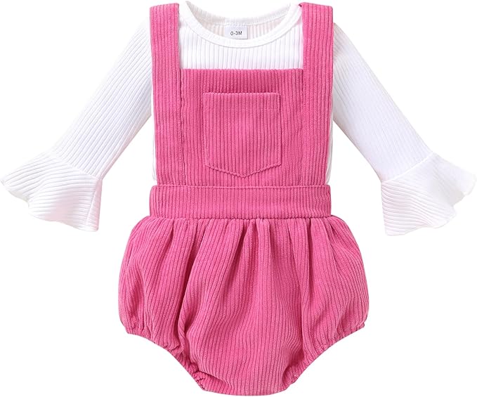 Tiny Cutey Newborn Baby Girl Clothes Bell Sleeve Romper and Corduroy Overalls Shorts Infant Girl Fall Outfits