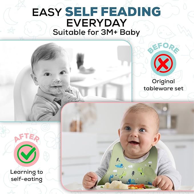 SiliTime Dinosaur-Themed Silicone Baby Feeding Set – Suction Mat with Food Catcher & Pacifier – 8-Piece BPA-Free Toddler Mealtime Essentials for Baby-Led Weaning