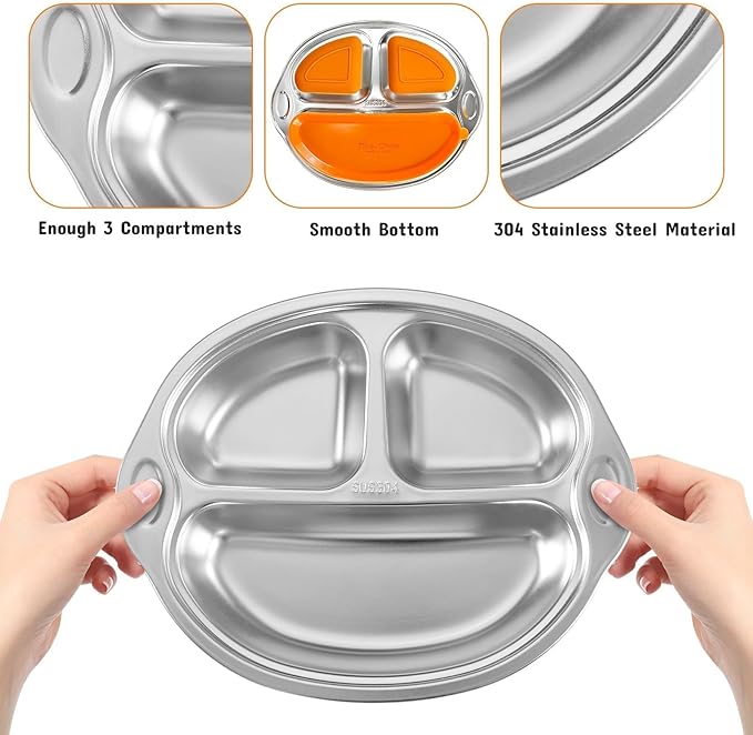 Stainless Steel Baby Suction Plates: Divided Plates for Babies & Toddlers, BPA-Free, Dishwasher Safe, Orange