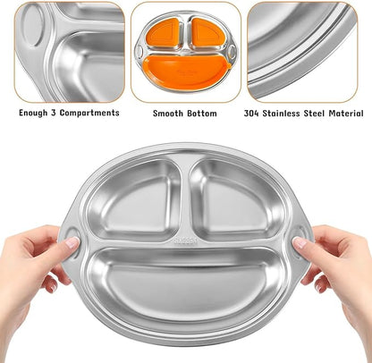 Stainless Steel Baby Suction Plates: Divided Plates for Babies & Toddlers, BPA-Free, Dishwasher Safe, Orange