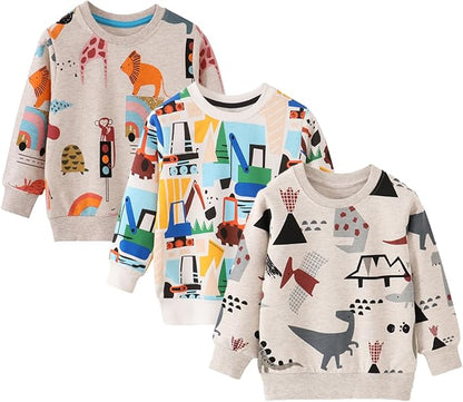 BeiVSlley Toddler Boys 3 Pack Cotton Pullover Crewneck Sweatshirt Long Sleeve Cartoon Shirt Sweaters Tops
