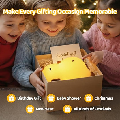 Mewaii Snoring Sound Capybara Night Light for Kids -Silicone Breathing Capybara Gifts Lamp with 3-Level Dimming, Cute Light Rechargeable Cuddly Bedtime Companion for Nursery, Baby Toys& Room Decor