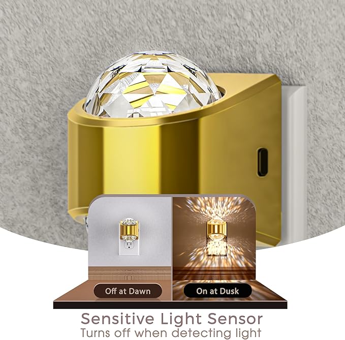 Briignite Night Light, Gold Night Lights Plug into Wall, LED Projector Night Light, Soft White for Bedroom, Dimmable Brightness Dusk to Dawn Nightlight for Kids, Bathroom, Gaming Room, Home Decor