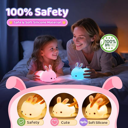 One Fire Bunny Toys for Kids Night Light for Kids with Remote, 16 Colors+5 Brightness Cute Lamp, Soft Silicone Baby Night Light, 1200mAh Portable Dimmable Touch Lamps, Kawaii Room Decor