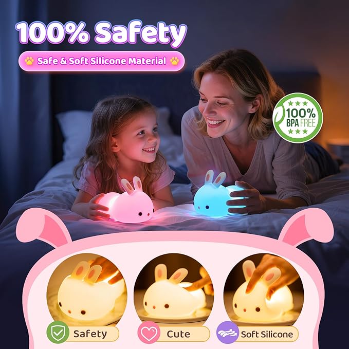 One Fire Night Light for Kids, 16 Colors Bunny Toys Cute Lamp, Soft Silicone Baby Night Light, 1200mAh Portable Dimmable Touch Lamps, Kawaii Room Decor, Easter Bunny Gift for 0-13 Year Old Girl Teens