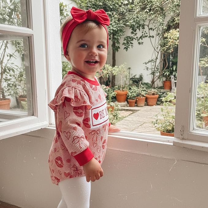 Newborn Baby Girl Valentines Day Outfit Ruffles Bow Footie Long Sleeve Romper Jumpsuit Bodysuit Overalls Fall Clothes
