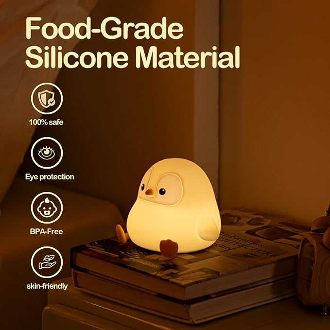 ATSUI Penguin Night Light, LED Squishy Novelty Animal Night Lamp, Food Grade Silicone, 2 Level Dimmable, Nursery Nightlight for Desk Decor, Funny Gifts Stuff for Boys Girls Baby, White Elephant Gifts