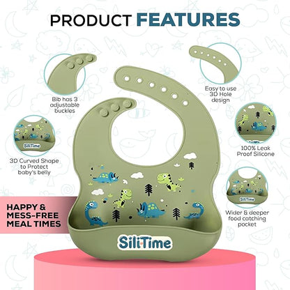 SiliTime Dinosaur-Themed Silicone Baby Feeding Set – Suction Mat with Food Catcher & Pacifier – 8-Piece BPA-Free Toddler Mealtime Essentials for Baby-Led Weaning
