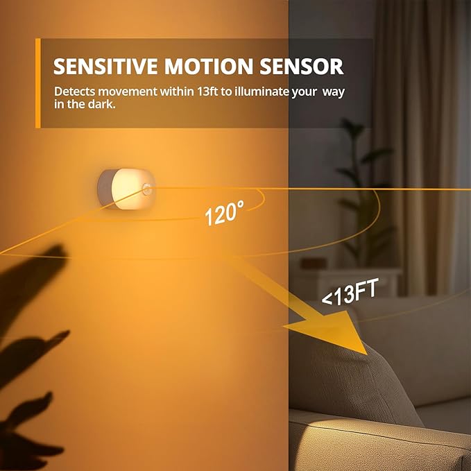 Lyridz Rechargeable Night Light with Motion Sensor, Dimmable Amber Nightlights for Bathroom, Bedroom, Kids Room, Hallway, Stairs, Pet House, 2 Pack