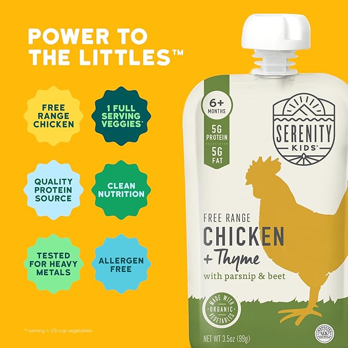Serenity Kids 6+ Months Chicken Baby Food Pouches - 5g Protein With Organic Chicken - No Added Sugar & Veggie Pouches - On-The-Go Baby Meals - 3.5 Oz, 12 Pack