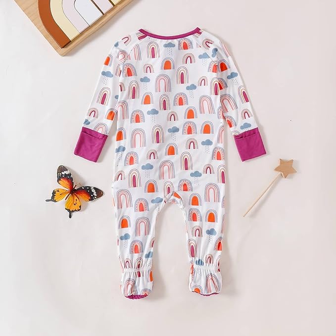 OPAWO Bamboo Baby Pajamas 3 Pack, 2 Way Zipper Newborn Footie Pajamas with Mitten Cuffs, Bamboo Sleepers for Baby Girl Onesie