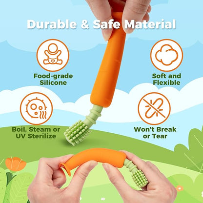 Papablic Baby Toothbrush Teether, Teething Toys 6-12 Months, 360° Carrot Teether Baby Stuffers, Infant Toothbrush with Suction Base