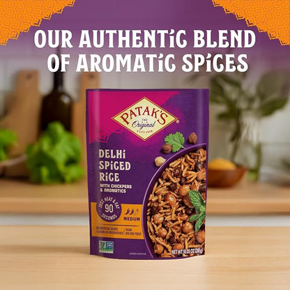Patak’s Delhi Spiced Rice - Fragrant Basmati Rice w/Chickpeas, Onion & Tomato - Kosher, Vegan Microwavable Meal Ready in 90 Seconds - Ready To Eat Rice For Quick Lunch Or Dinner - 10.05oz (Pack of 6)