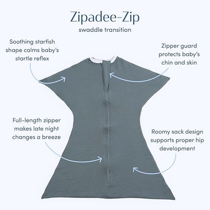 SleepingBaby Zipadee-Zip Transition Swaddle - Cozy Baby Swaddle Blanket with Zipper Convenience - Roomy Wearable Blanket for Easy Diaper Changes - Classic Grey, Medium (6-12 Month)