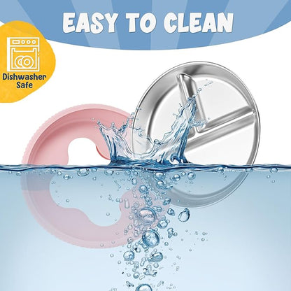 2-Pack Stainless Steel Kids’ Plates with Suction Bases, 8.26" Divided Toddler Plates with Removable Silicone Sleeves, Non-Slip, BPA-Free, Dishwasher Safe (Pink & Blue)