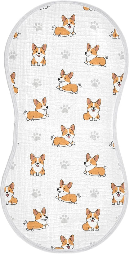 1 Pack Muslin Burp Cloths Cute Corgi Dogs White Cotton Baby Burp Cloths Ultra Absorbent Soft Burping Cloth Washcloths for Newborn Babies 22x11 Inch