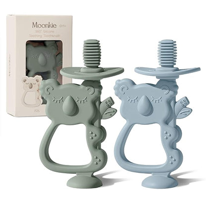 Moonkie Teething Toy Set of 2, Safe & Easy to Hold BPA Free Silicone Teethers, 360° Baby Toothbrush with Suction Base, Teether Toys Best for Babies 6-12 Months (Koala Ether/Sage)