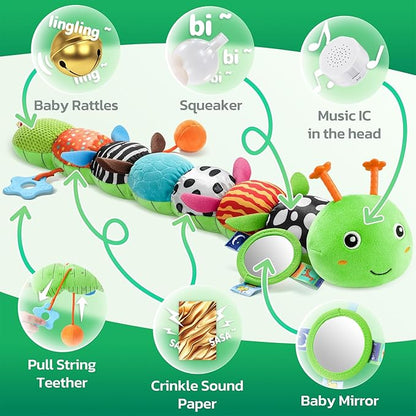 HEMRLY Baby Sensory Toy 0-6 Months, Musical Stuffed Caterpillar Plush with Teether, Crinkle, Rattle, Baby Mirror for Tummy Time, Infant Car Seat Toy for 0-3-6-12 Month Boys Girls Gifts - Winged Green