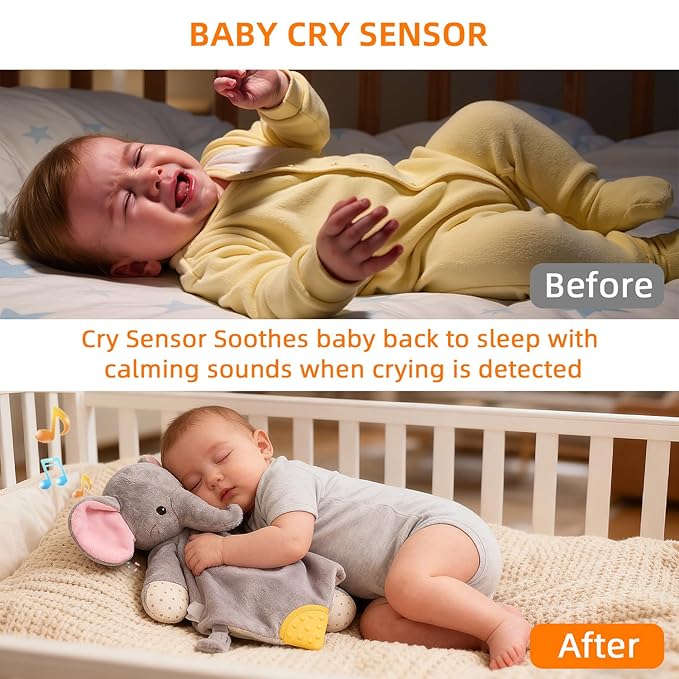 BEREST Elephant Baby Lovey Rechargeable Sleep Soother with 10 White Noises (Heartbeat, Shushing & Lullabies) & Cry Sensor|Timer|Recording|Plush Blanket Comforter Gift for Newborns|Infants|Boys & Girls