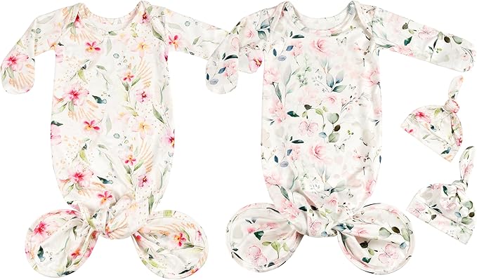 Newborn Baby Sleeper Gown - Knotted Nightgown Coming Home Outfits for Baby Girl - 2-Piece Set With Hat