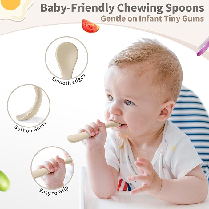 DRKIO 8-Piece Silicone Baby Spoons - Infant Spoons First Stage Self Feeding Baby Led Weaning Supplies Toddler Training Utensils Soft Chewable-Tip BPA-Free Dishwasher Safe Boil-proof