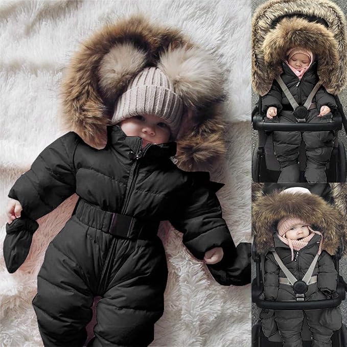 Baby Boys Girls One-Piece Snowsuit Winter Padded Coat Hooded Ski Suit Full Zip Insulated Jacket Jumpsuit Ski Clothes