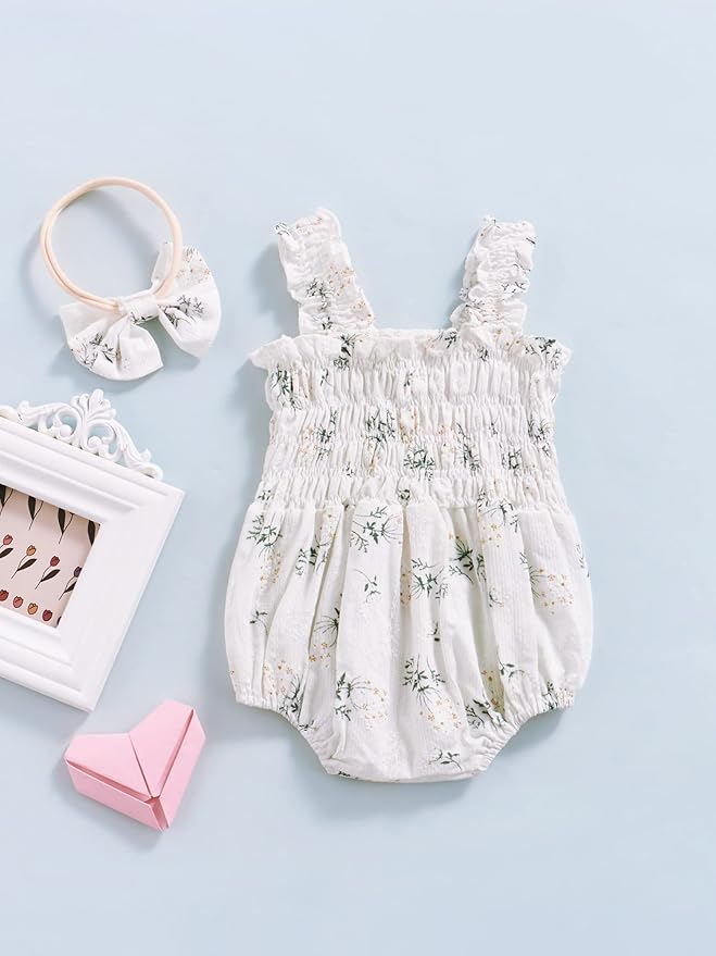 Newborn Baby Girl Bodysuit Sleeveless Halter Frill Romper One-piece Jumpsuit with Headband Summer Clothes Set