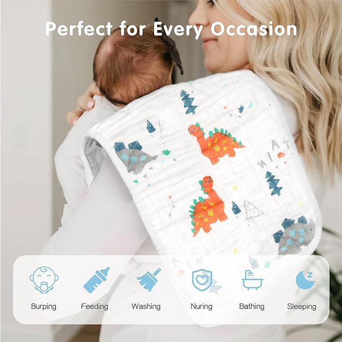 Muslin Burp Cloths 100% Cotton 20''x10'' Hand Washcloths for Baby, Super Soft and Absorbent 6 Layers Baby Burping Cloth for Boys Girls (Dinosaur & Animals, 6 Pack)