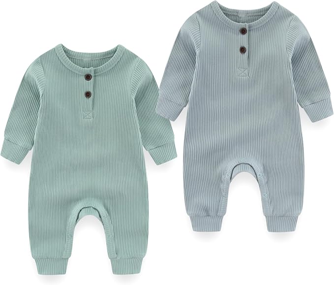Baby Boy Girl Romper 2 Pack Long Sleeve Button Jumpsuit Cotton Unisex Infant Baby Clothes for 0-24 Months