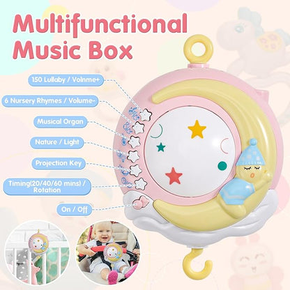 BOBXIN Baby Musical Crib Mobile for Bassinet with Projector and Night Light,150 Music,Timing Function,Take Along Mobile Musical Box and Rattle,Toy for Newborn Girls Boys