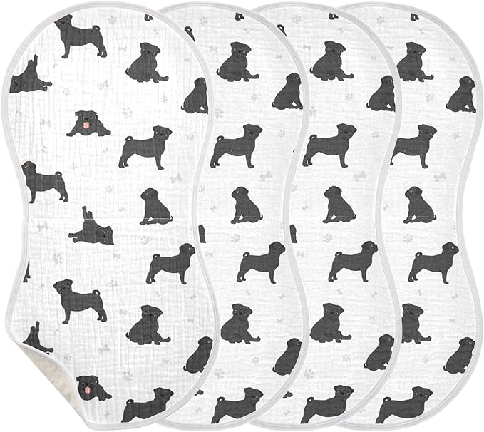 vvfelixl Baby Burp Cloths Black Pug White Baby Newborn Cotton Burping Cloths Set Baby Washcloths 4 Pack