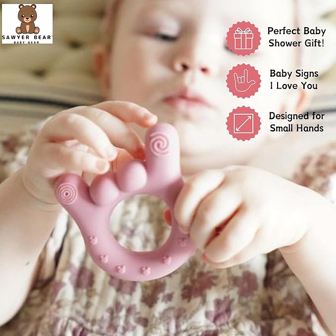 I Love You Silicone Hand Teether, Teethers for Babies 3-6 Months, Soft Teething Toys 6-12 Months bpa Free, Massaging Teething Relief (Blush Pink)