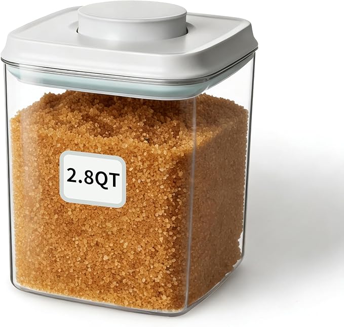 Food Storage Container with Lid, 2.8 Qt Airtight Pantry Canister, BPA-Free Plastic Flour Sugar Storage Container, One-Touch Press-to-Open Lid, Stackable Clear Jar for Rice, Cereal, Coffee, Brown Sugar