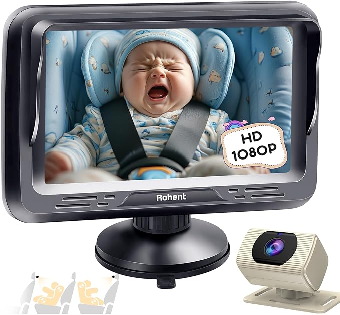 Rohent Car Baby Monitor with Camera - 1080P HD, 360° Adjustable, Night Vision, 150° Wide-Angle Lens, Easy Installation, Perfect Match for Beige Car Interiors, Ideal for Parents & Families