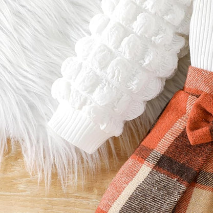 Toddler Baby Girl Plaid Dress Puff Sleeve Bow Patchwork Ribbed Shirts Dress Plaid Fall Winter Outfits with Headband