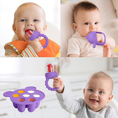 Baby Fruit Food Feeder Breastmilk Popsicle Molds for Teething Relief - 3 Pack Feeding Sets - 1 Freezer Tray with Lid & 1 Teether & 1 Silicone Pacifier + 3 Extra Sizes Infant Feed Mesh (Purple)