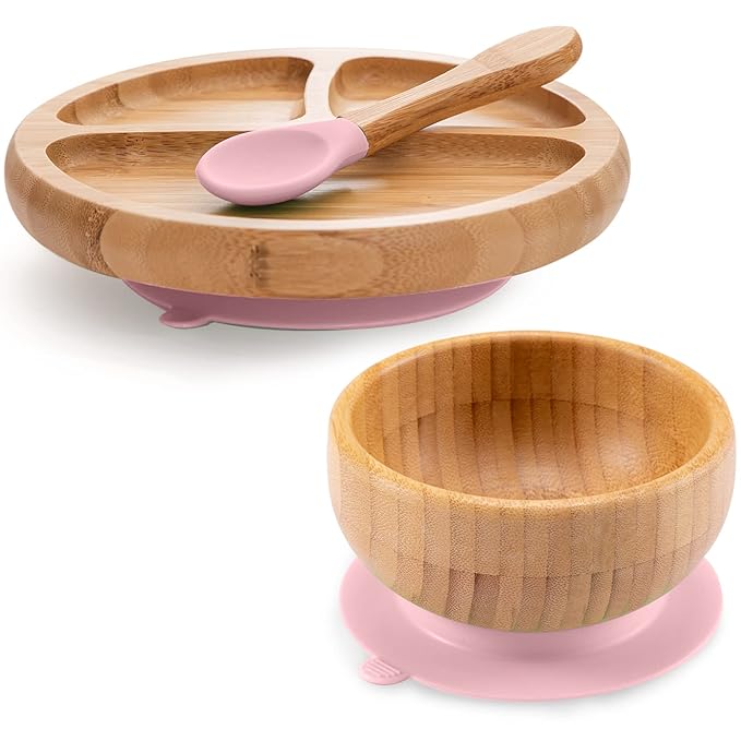Toddler Bamboo Plates, Bowls and Spoon Set, Wooden Feeding Utensils for Infant’s Easy Self Eating at 1 Stage, Stay Put Silicone Suction Plate and Bowl and Soup Spoon for Baby Led Weaning