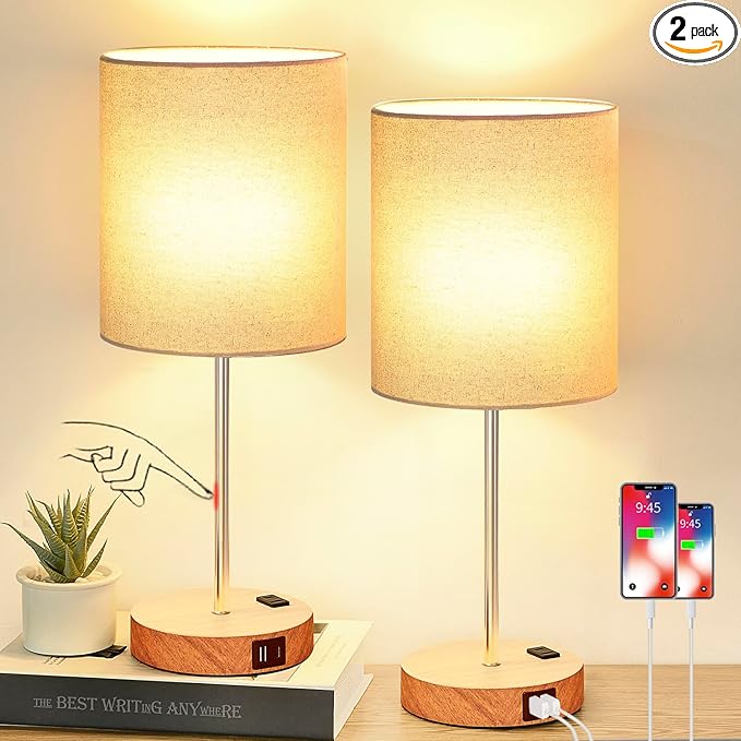 Lynnoland Set of 2 Touch Wood Table Lamps, Bedroom Lamps with 2 USB AC Outlet, 3-Way Dimmable Bedside Nightstand Lamps for Bedroom Living Room Nursery, 800 Lumens 2700K Bulbs Included