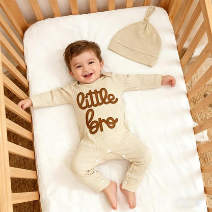 Newborn Baby Boys Romper Long Sleeve Little Brother Letter Print Ribbed Bodysuit Jumpsuit Infant Coming Home Outfit