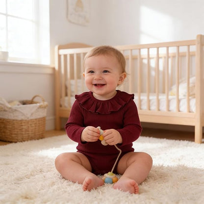 ROMPERINBOX Baby Girl Bodysuit 2 Pack, Long Sleeve Ribbed Knitted Onsies Ruffle Collar and Flutter Sleeve Fall Winter Clothes