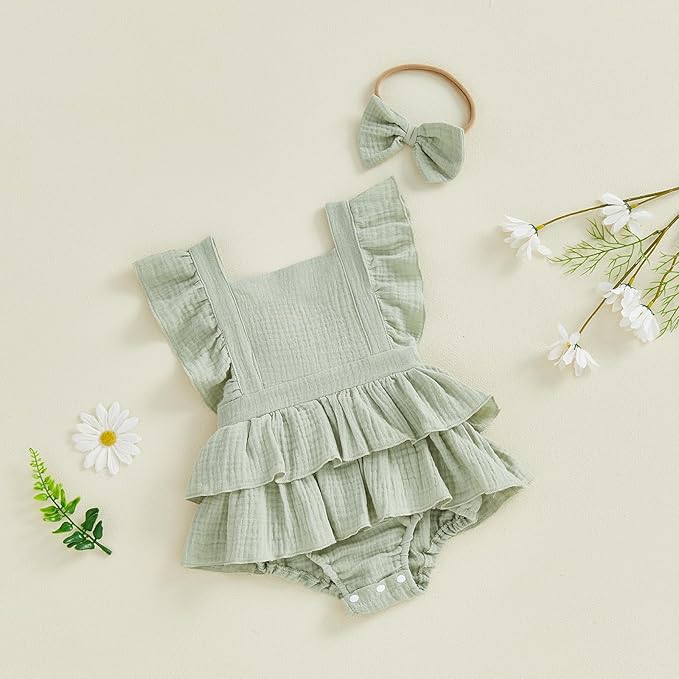 Thorn Tree Baby Girl Summer Clothes Newborn Outfit Ruffle Romper Infant Baby Dress Bow Headband Solid Cute Outfits Girls