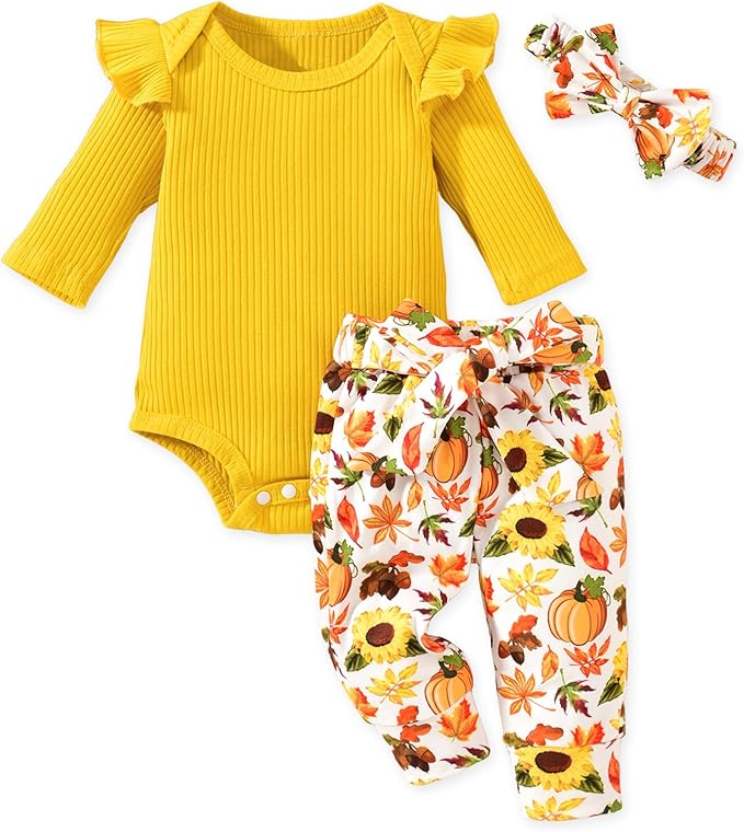 Aalizzwell Preemie Newborn Infant Baby Girls Clothes Ribbed Romper Bodysuit Pants Set Fall Winter Outfits