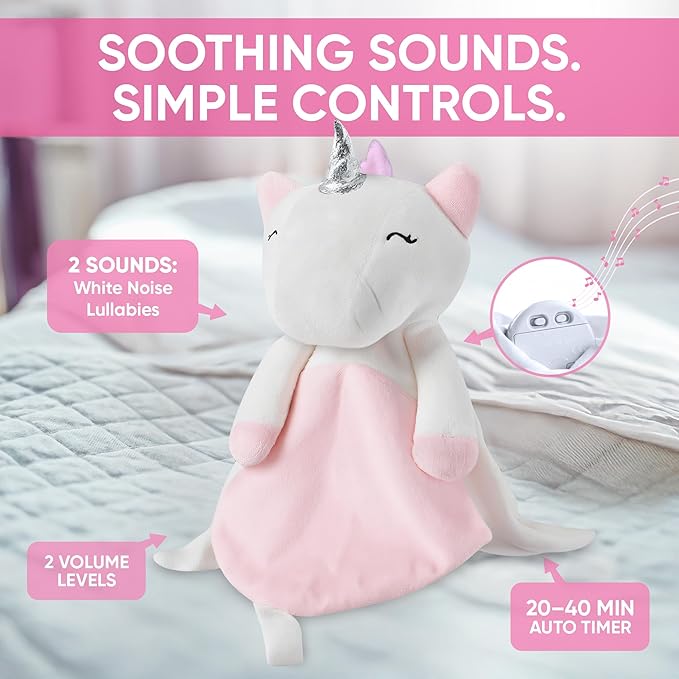 Baby Sleep Soother Pink & White Unicorn Plush with Heartbeat & Lullaby Sounds, 4-in-1 Sound Machine, Security Blanket & Pacifier Holder, Baby Registry Essential & Christmas Gift for Newborns & Infants