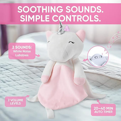 Baby Sleep Soother Pink & White Unicorn Plush with Heartbeat & Lullaby Sounds, 4-in-1 Sound Machine, Security Blanket & Pacifier Holder, Baby Registry Essential & Christmas Gift for Newborns & Infants