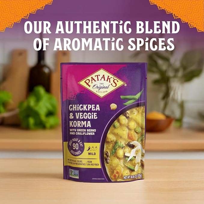 Patak’s Chickpea & Veggie Korma - Mild Creamy Coconut Based Indian Curry with Chickpeas, Green Beans & Veggies - Vegan Microwave Meal for Quick Dinners - Serve with Rice or Naan - 10.5oz (Pack of 6)