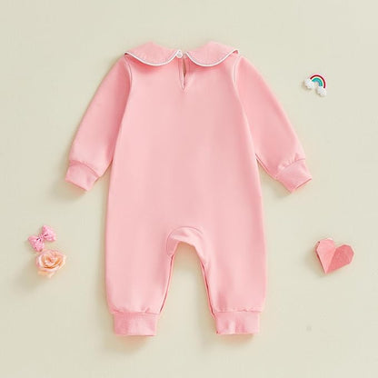 Gaono Newborn Baby Girl Romper Waffle Knit Striped Long Sleeve Doll Collar Heart Bow Jumpsuit Bodysuit Fall Winter Clothes