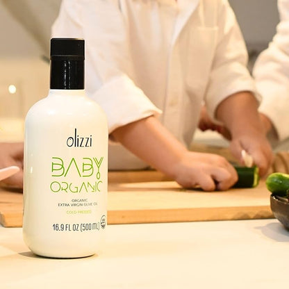 Olive Oil for Baby Food - Olizzi Baby Organic Extra Virgin Olive Oil, Cold Pressed, USDA Organic, Kosher, Delicious, Smooth, Award Winning, Polyphenol Rich, 16.9 FL OZ (500 ML)