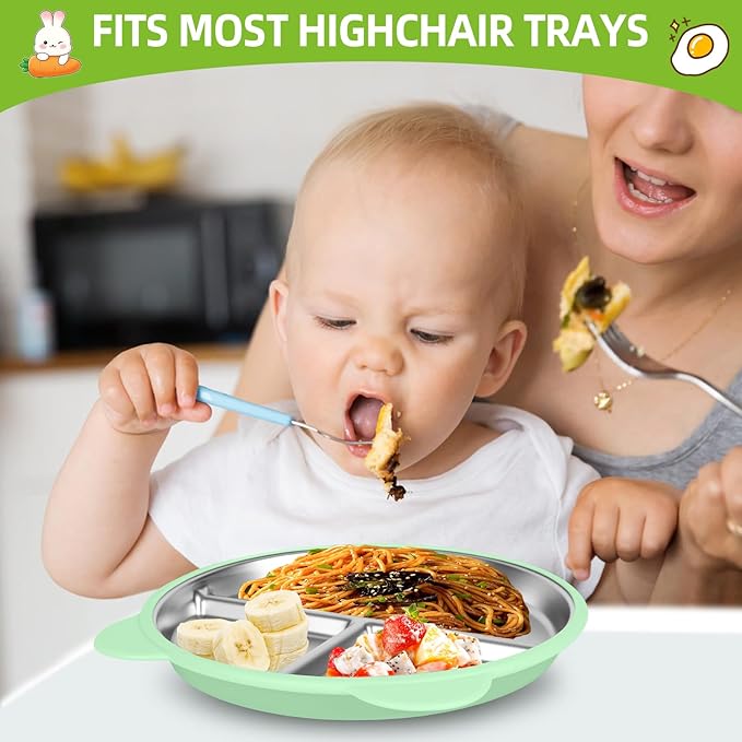 4 Pack Stainless Steel Toddler Plates with Suction - 9" Kids Divided Plates Removable Silicone Sleeves for Baby Led Weaning, Bear Ear Design Non Slip BPA-Free Dishwasher Safe