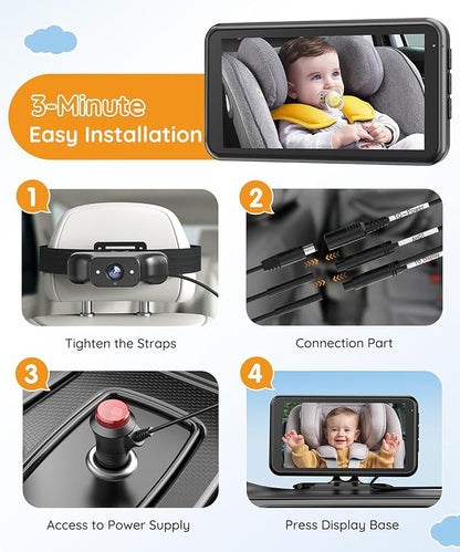 Babyvue BC1 Baby Car Camera, 4.5" 1080P HD Screen & 3X Zoom, AUTO IR Night Vision Car Baby Monitor with Adjustable Brightness, 2-Min Easy Install Car Seat Camera for Babies & Pets to Drive Safely